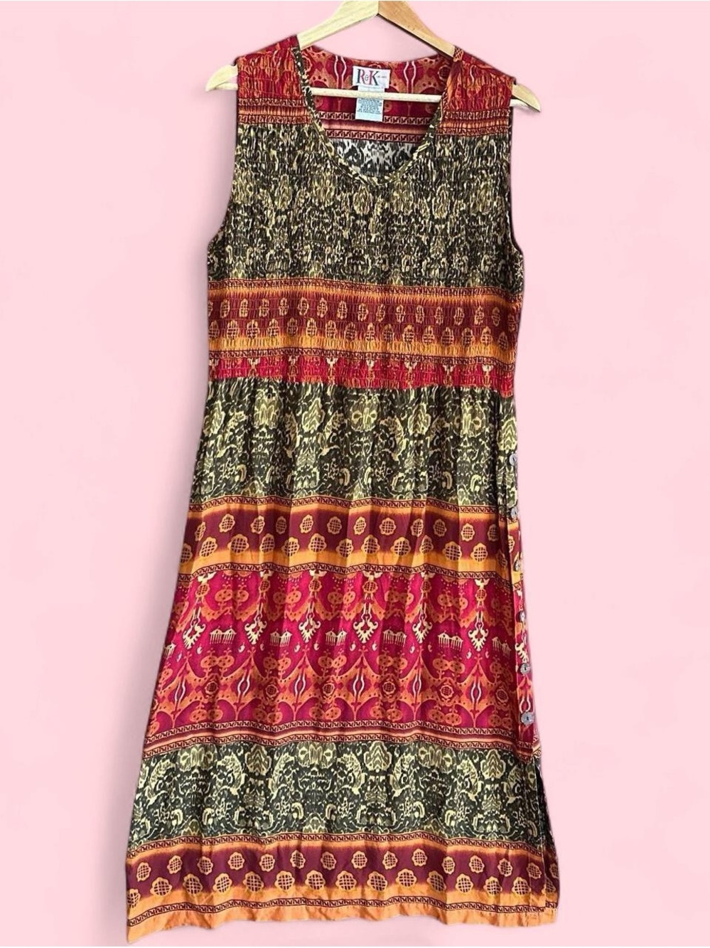 Bohemian Printed Maxi Dress in Red, Gold, and Olive - RK Collection
